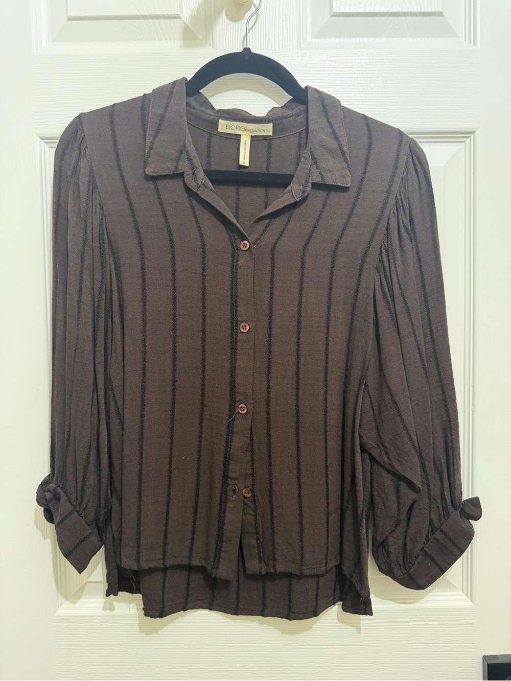 BCBGeneration Brown and Black Vertical-Stripe Button Front Blouse